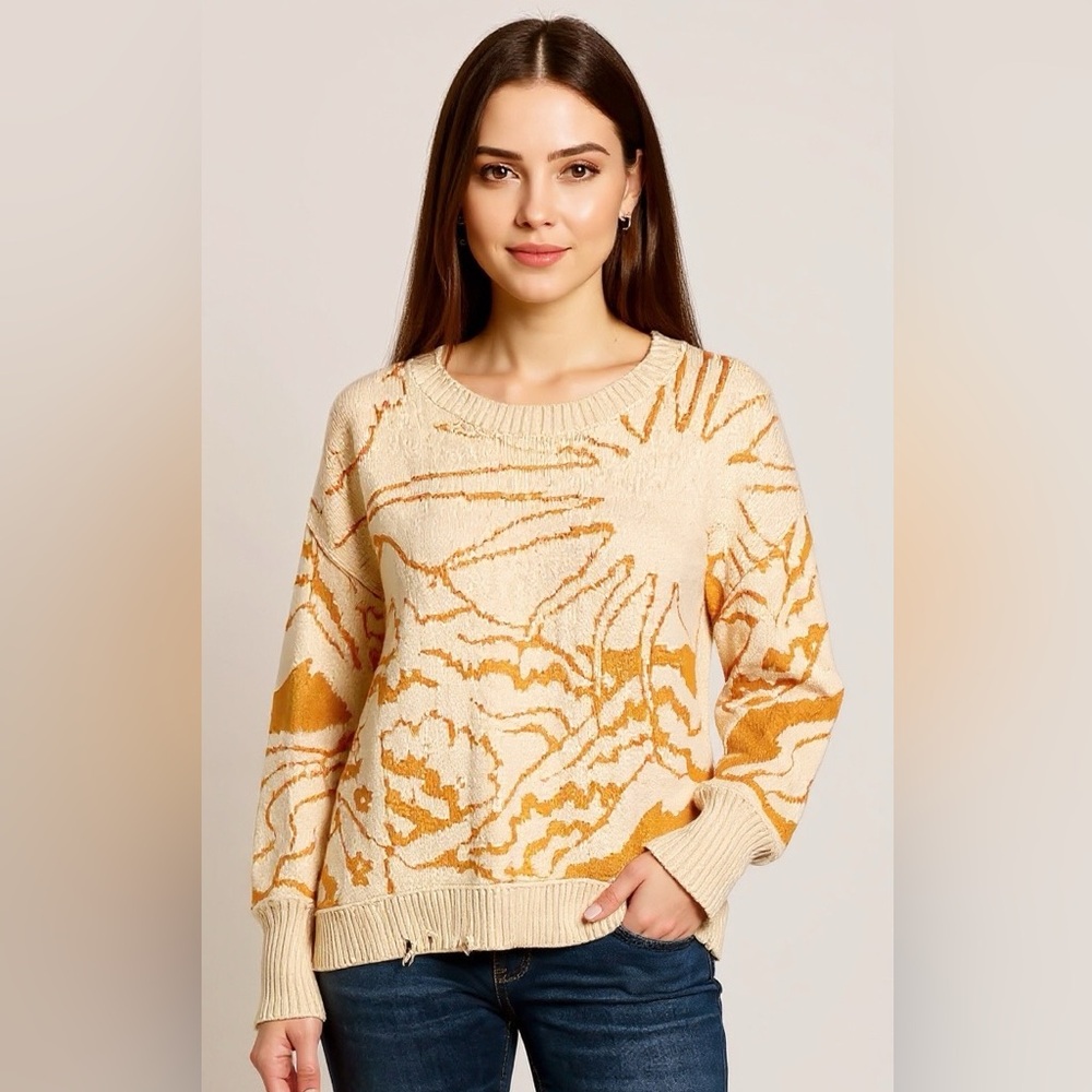 Urban Outfitters Sunshine Landscape Yellow Distressed Sweater Oversized Small - Picture 2 of 11
